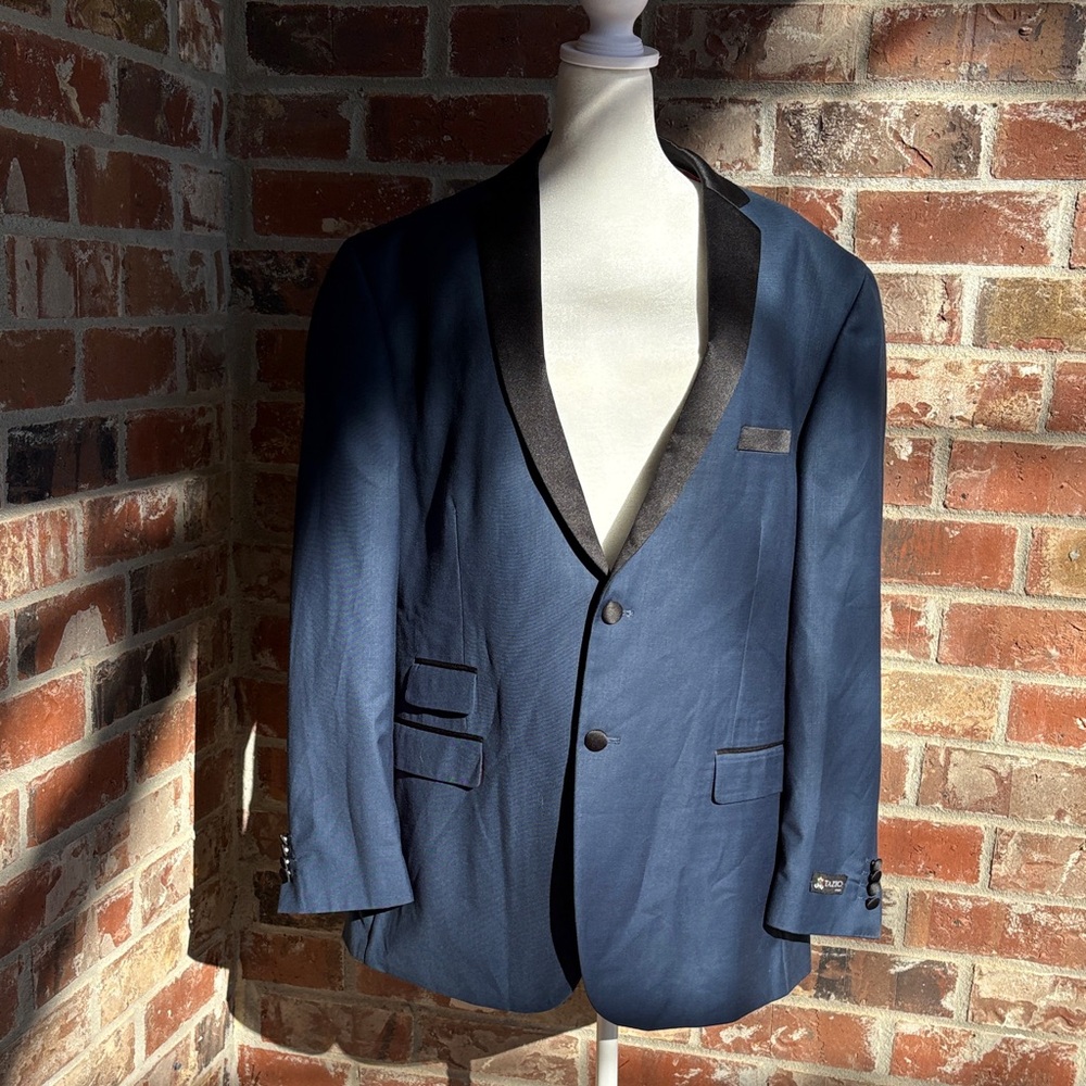 Tazio Italy 46R MJ136S Men's Navy Blazer with Black Trim USA wool silk